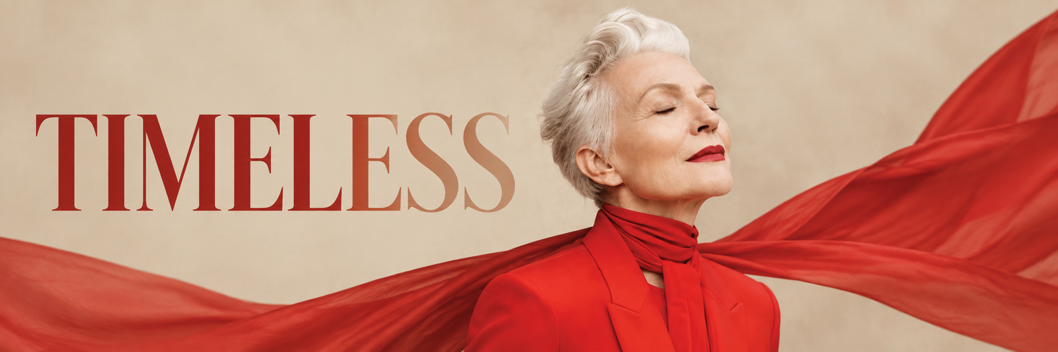 TIMELESS banner — silver-haired woman in a red suit with red fabric flowing across a warm ivory backdrop